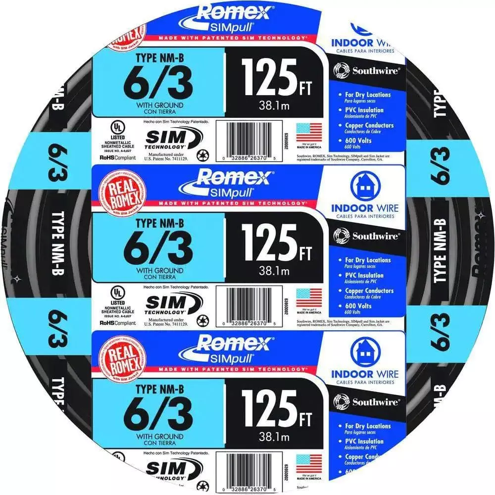 125 ft. 6 /3 Black Stranded Romex SIMpull CU NM-B W /G Wire