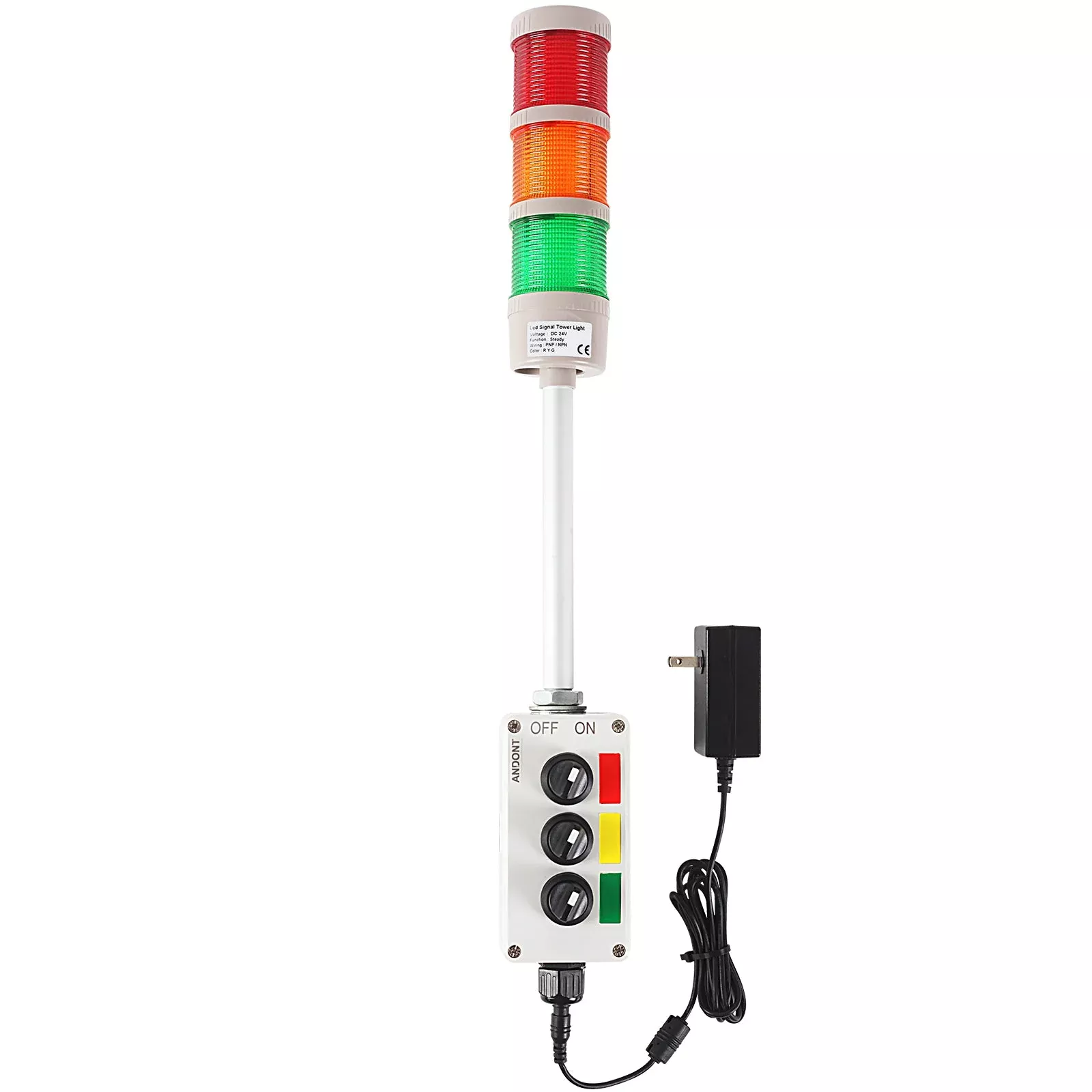ANDONT 3-Stack LED Andon Tower Signal Light, Red/Yellow/Green, On/Off, IP65 Rated, Plug-and-Play