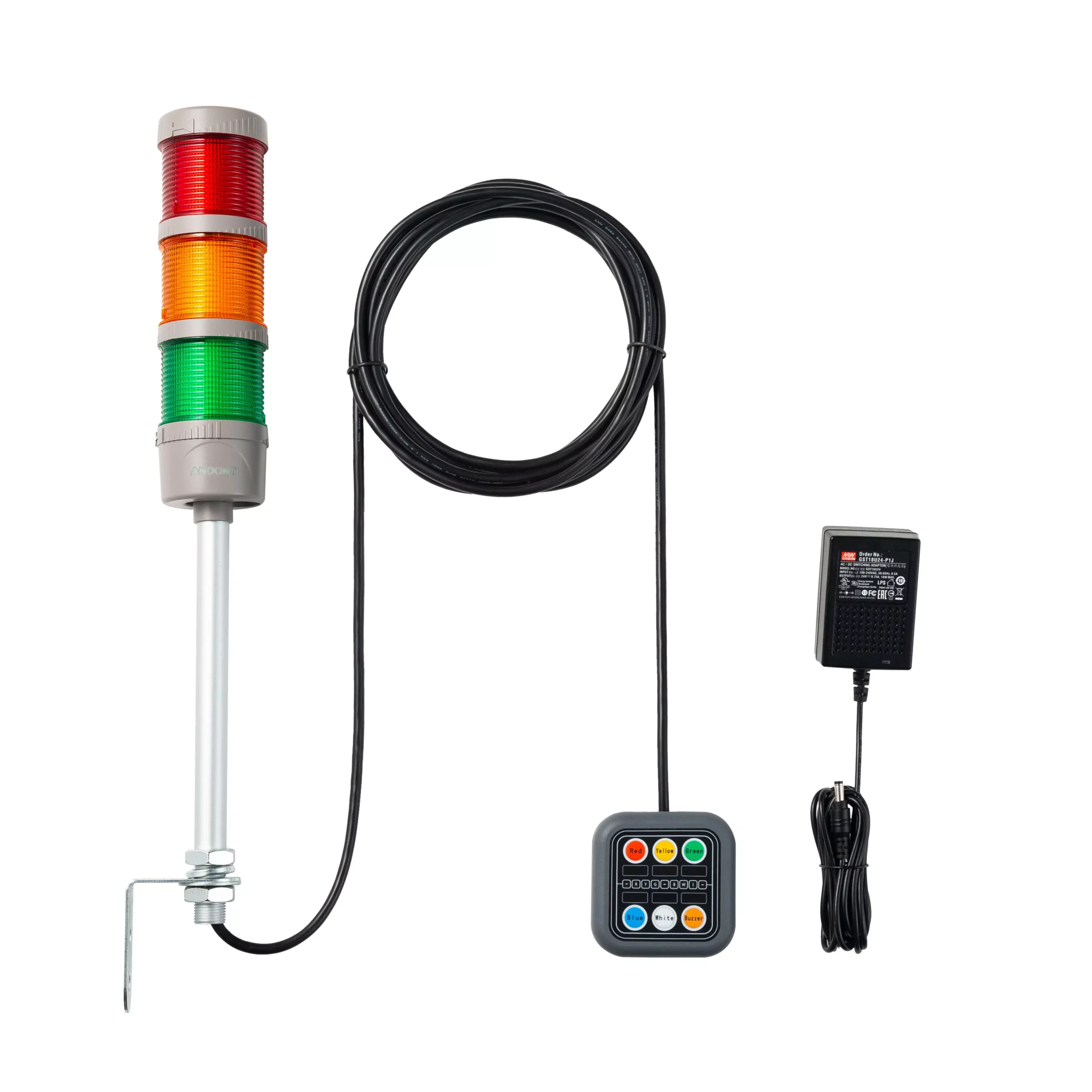ANDONT 3-Stack LED Andon Tower Signal Light with Buzzer, Red/Yellow/Green, On/Off/Flash, 16 ft Extension Cord, Plug-and-Play