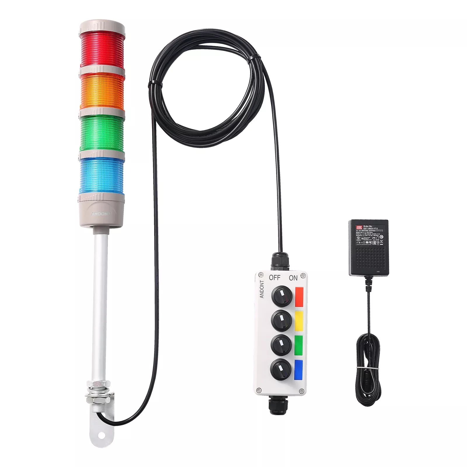 ANDONT 4-Stack LED Andon Tower Signal Light with Buzzer, Red/Yellow/Green/Blue, On/Off/Flash, 16 ft Extension Cord, Plug-and-Play