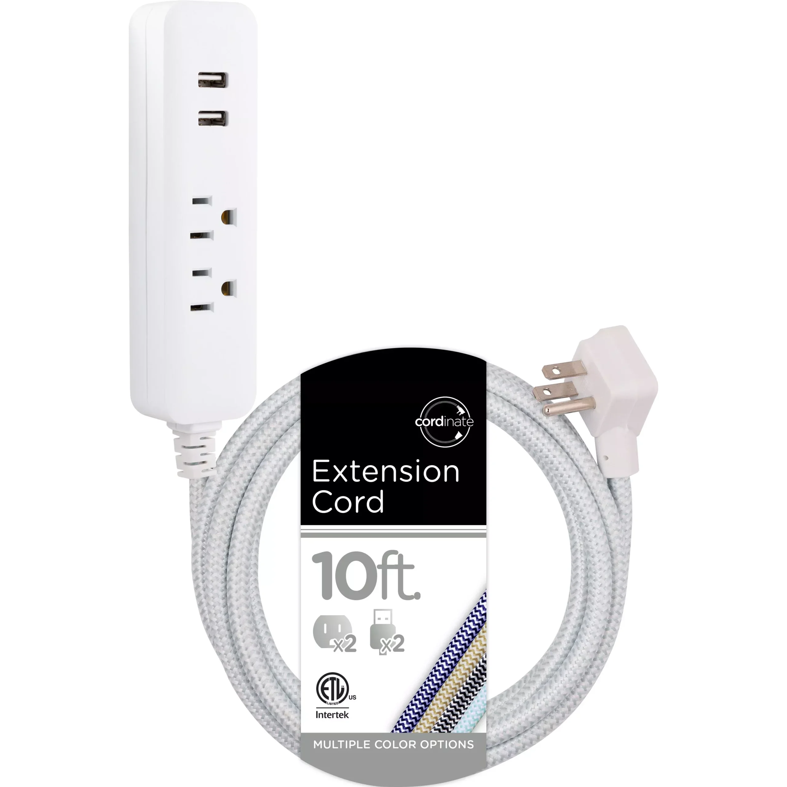 Cordinate 2-Outlet 2-USB 10ft. Braided Extension Cord with Surge Protection, White/Gray
