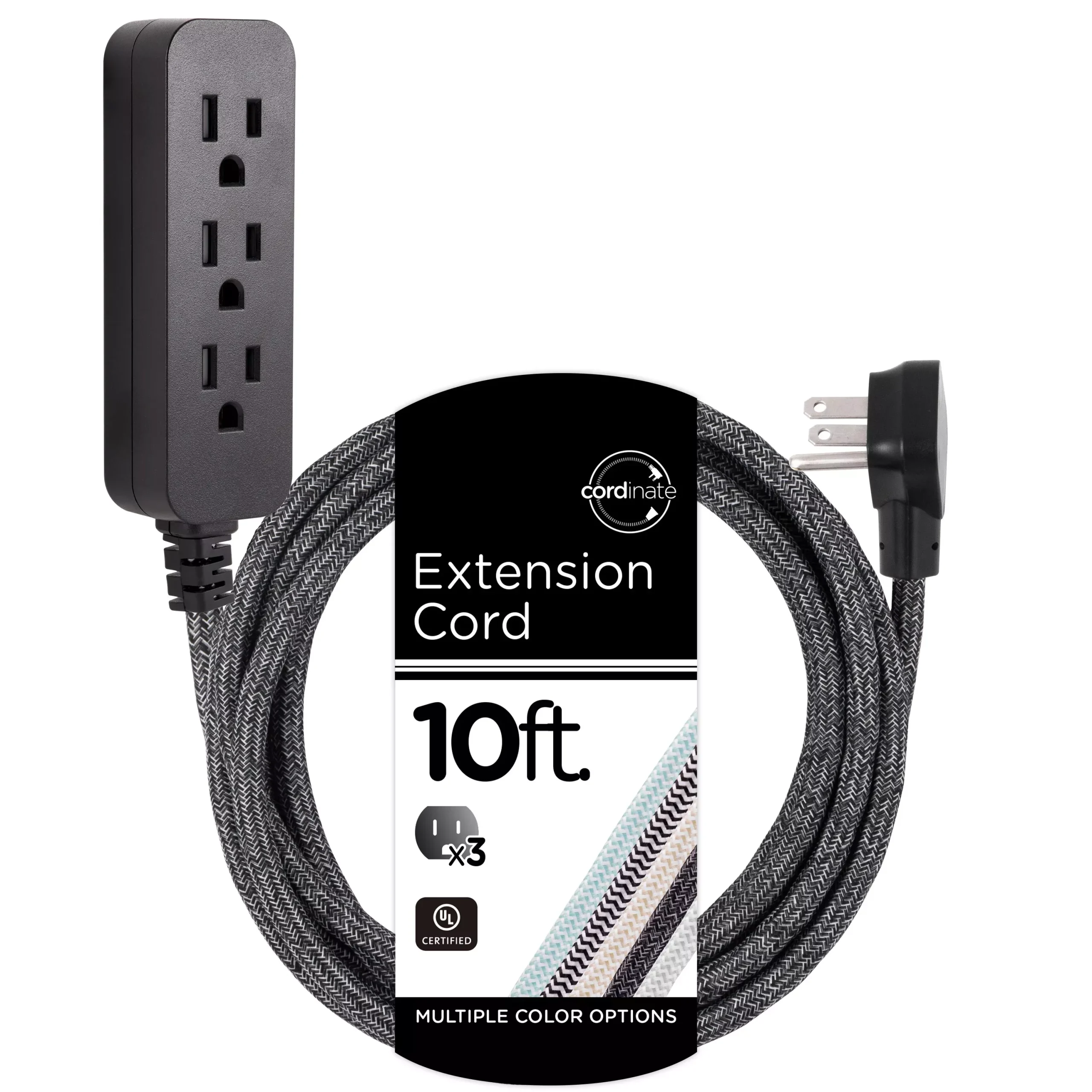 Cordinate 3-Outlet 10ft. Braided Extension Cord with Surge Protection, Black/Dark Heather