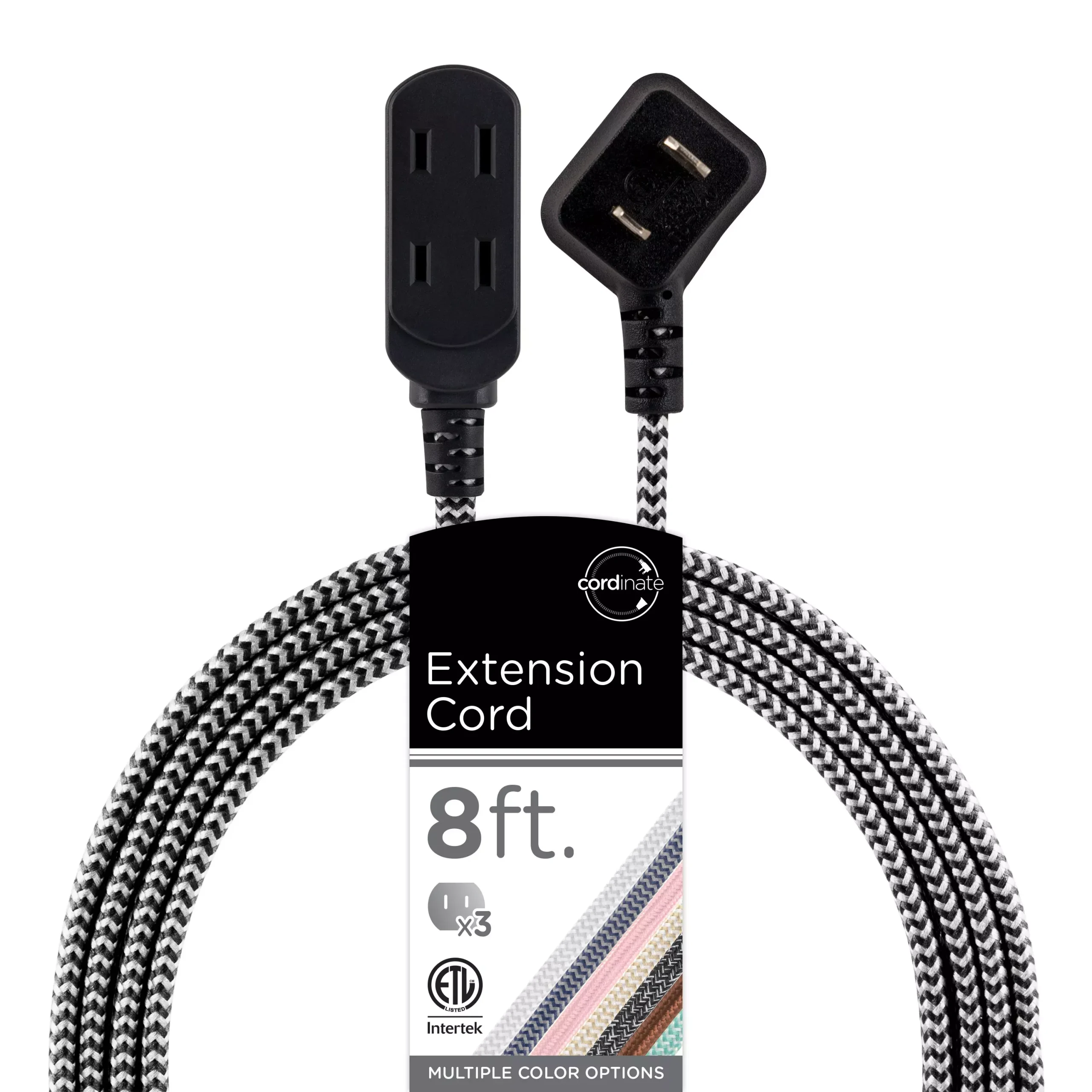 Cordinate 3-Outlet 8ft. Braided Extension Cord with Flat Plug, Black/White