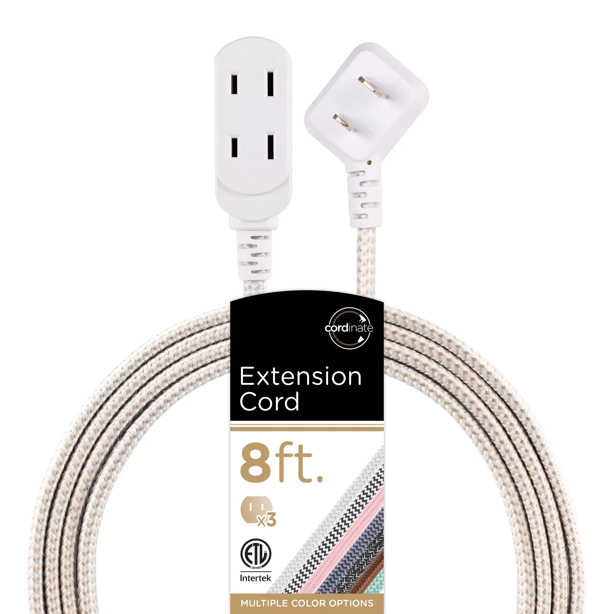 Cordinate 3-Outlet 8ft. Braided Extension Cord with Flat Plug, White/Tan