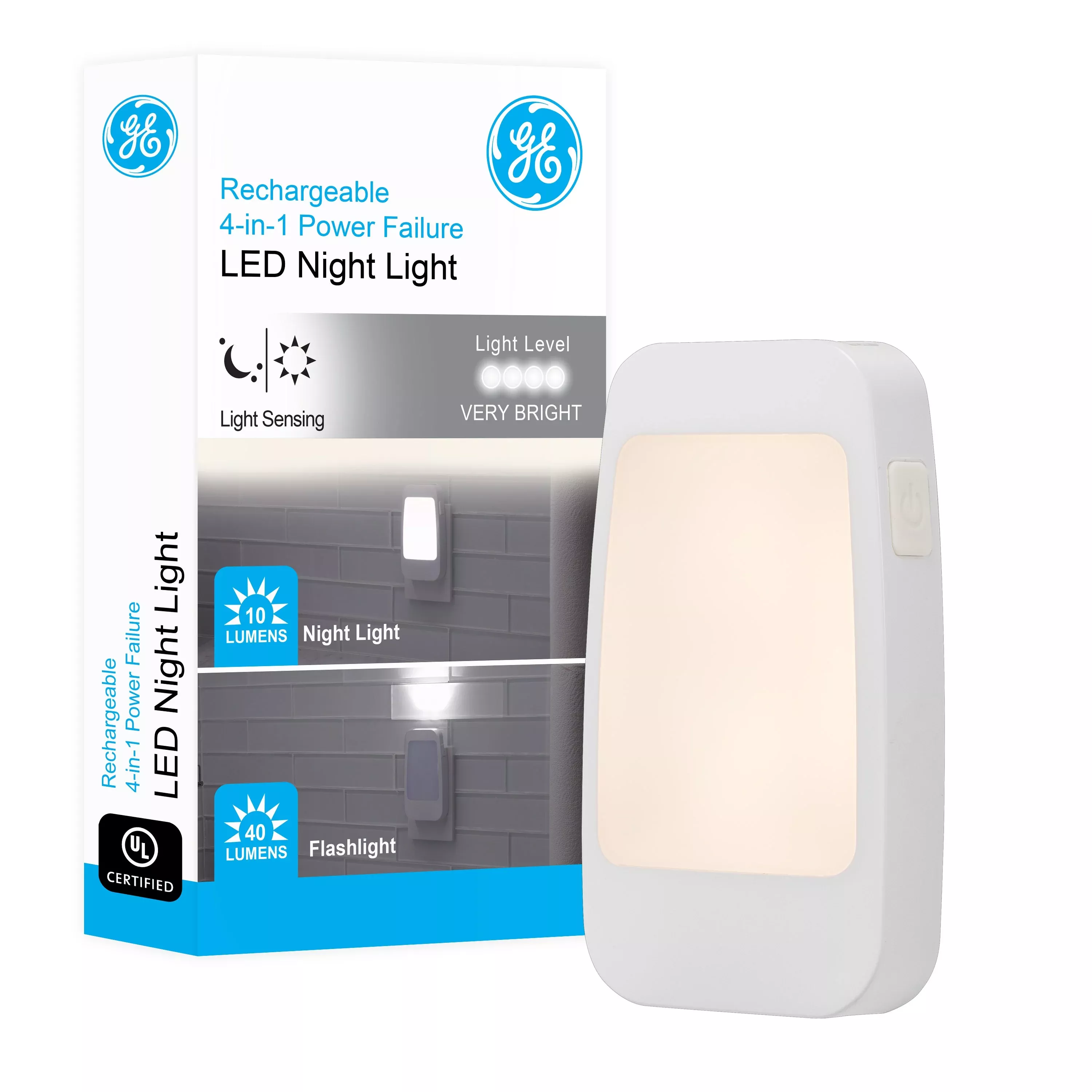 GE 4-in-1 Rechargeable Power Failure Light Sensing LED Night Light, White