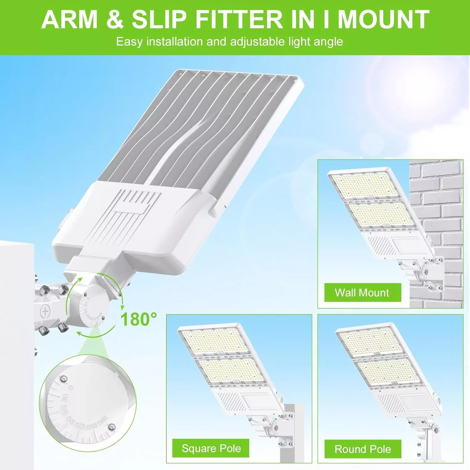 LED Parking Lot Light Bracket - White 3-in-1 Adjustable Mount | Direct, Trunnion & Slip Fitter Arm