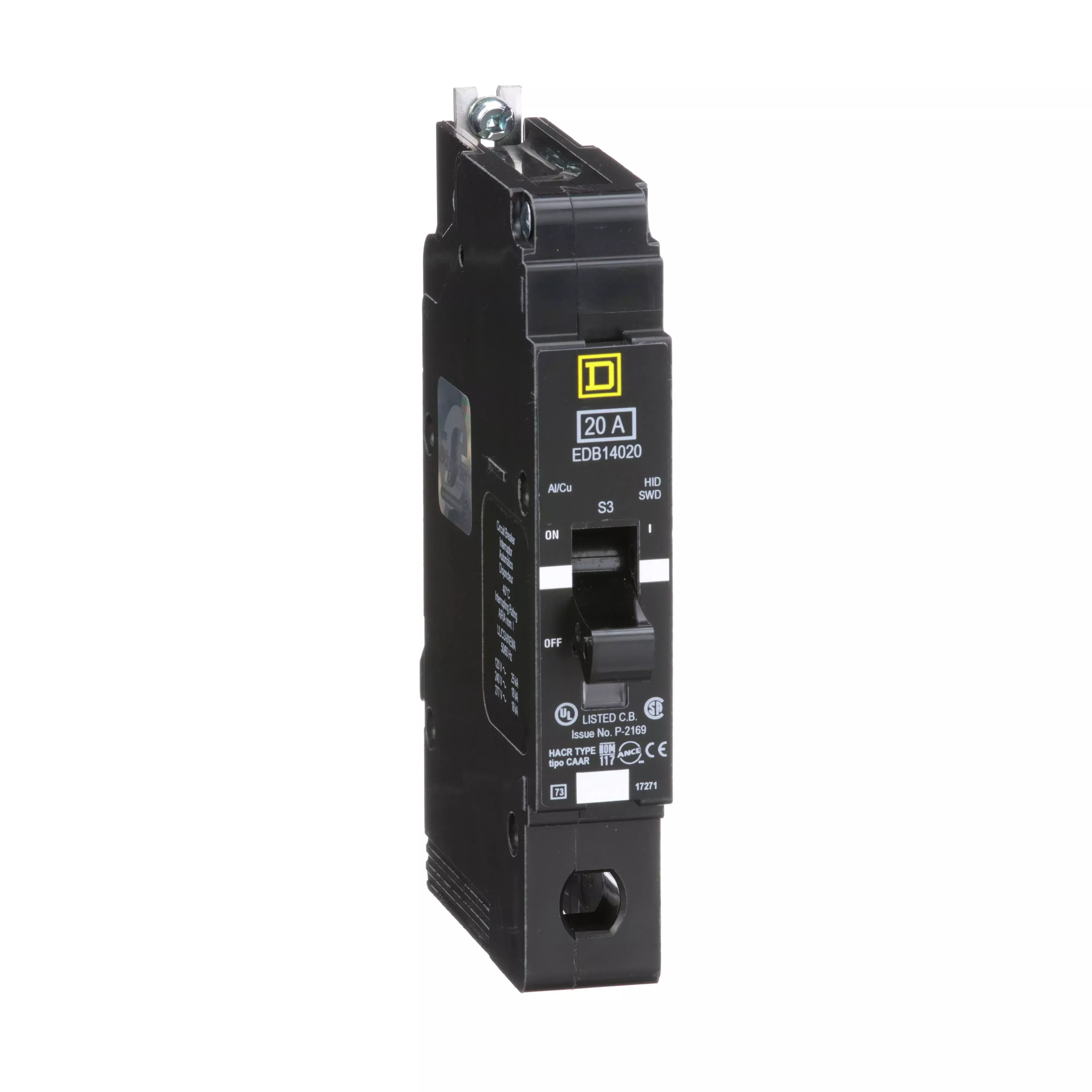 Square D EDB14020 E-Frame Circuit Breaker, 20A, 1-Pole, 277V, 18kA, Bolt-On